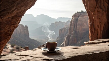 Embracing serenity with a warm cup of coffee amidst towering rock formations at sunrise