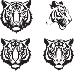 Massive Tiger Head Vector Collection: Diverse Black and White Illustrations
