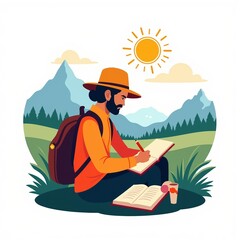 Traveler sketching landscape with journal and pencil in a vibrant color palette against a scenic mountain background