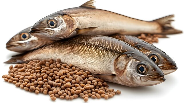 Three fresh whole fish arranged on a bed of light brown fish food pellets against a clean white background.