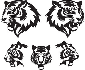 Massive Tiger Head Vector Collection: Diverse Black and White Illustrations