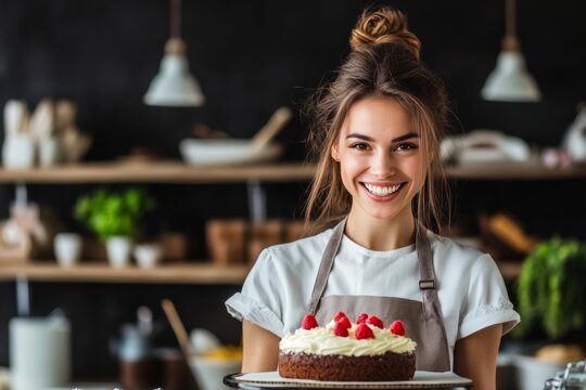 Woman is smiling and holding a cake with raspberries on top. She is in a kitchen setting