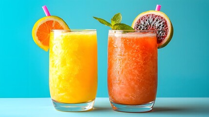 Tropical fruit smoothies with fresh passion fruit and orange slices served in clear glasses on vibrant blue background perfect for healthy lifestyle drinks and summer beverages