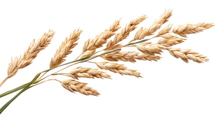 Fototapeta premium A close-up studio shot depicts a branch of ripe golden oat grains isolated on a pure white background.