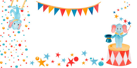 Obraz premium Template invitation or cards made watercolor cartoon circus elephant gymnastic and illusionist, stars, confetti. For birthday greetings and invitation cards, flyers and packages of children's goods.