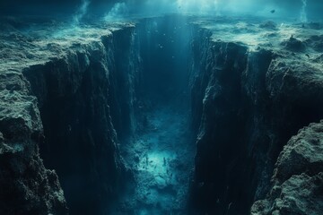 A deep underwater trench stretches into darkness as two tectonic plates pull apart. Generative AI