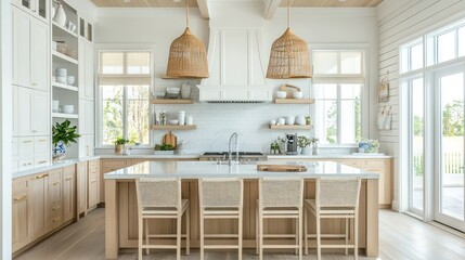 A bright, modern coastal kitchen with natural light, light wood tones, and ocean-inspired decor.