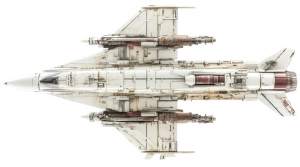 Detailed Top View of a Weathered Military Fighter Jet with Visible Rust and Complex Design Elements