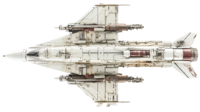 Detailed Top View of a Weathered Military Fighter Jet with Visible Rust and Complex Design Elements