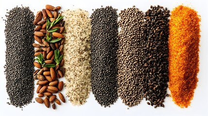 An overhead shot displays seven lines of various seeds spices and nuts arranged neatly on a white background.