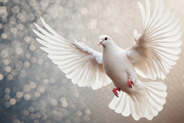 Obraz premium A lifelike white dove flies towards the viewer, its ruffled feathers adding realism. This dynamic image captures the gentle elegance and symbolic beauty of a serene dove in flight.
