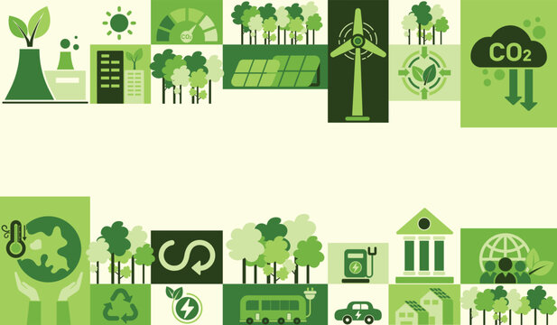 The concept of reduce co2 emission and net zero by clean energy and reduce climate change long term strategy. Green environment flat icon vector illustration templet infographic design for web banner.