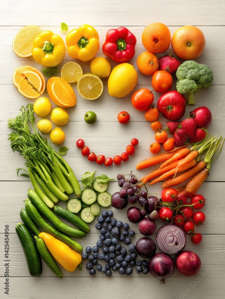 Aufkleber colorful arrangement of fruits and vegetables creates a smiling face on a bright surface in a joyful