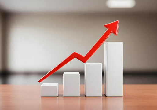 business growth chart with white ascending bars and red arrow on wooden table for corporate success and progress visualization
