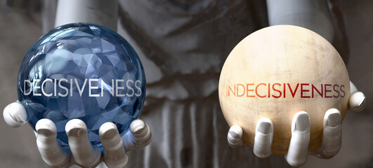 Decisiveness or Indecisiveness - decide between two options. Greek statue presenting a choice: decisiveness or indecisiveness, weighing their values. Looking at pros and cons.  ,3d illustration