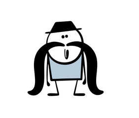 Man with a long black mustache and an unfashionable hat on his head. Vector illustration of modern style, outdated retro fashion. Cartoon character isolated on white background.