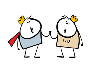 Happy couple, the king and queen. Vector illustration of the royal family, husband and wife holding hands. Love and harmony. Cartoon character isolated on white background.