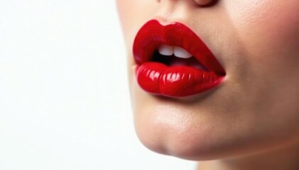 Obraz premium Close-up vibrant red lips, pristine white backdrop, still life, aesthetic, cosmetics