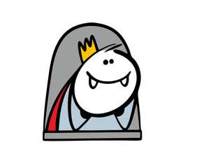 Cute vampire with fangs and a crown is looking out the window, waiting for a victim, dreaming. Vector illustration of a romantic king or cartoon prince in a medieval castle from a fairy tale.