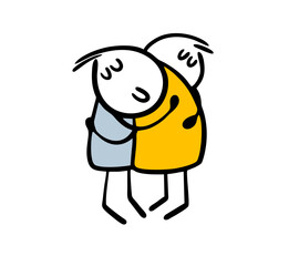 Cute married couple or friends hugging. Vector doodle illustration of warm feelings between a man and a woman. Cartoon character isolated on white background.