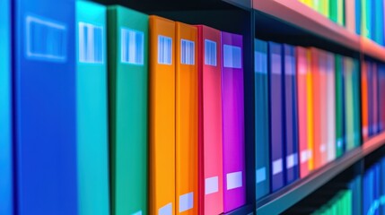 A vibrant array of colorful binders neatly organized on a shelf in an office setting