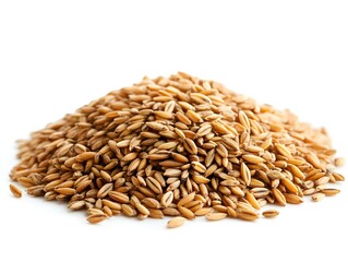 Fototapeta premium A close-up studio shot shows a large pile of raw organic spelt grain kernels isolated on a pure white background.