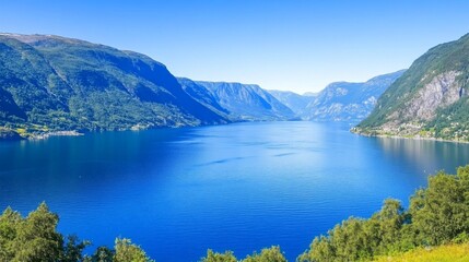 Serene fjord landscape, deep blue waters, rugged mountains, tranquil scene