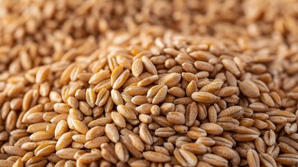 Fototapeta premium A close-up shot reveals a detailed texture of raw farro grains, showcasing their natural light brown color and unique shape.