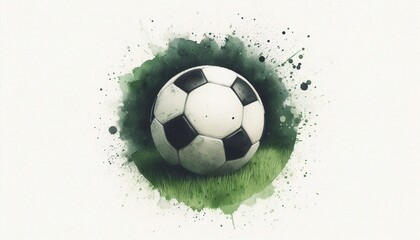Minimalist watercolor illustration of Classic Black and White Soccer Ball on Green Grass Field