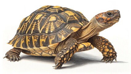 Ornate Turtle Side View with Intricate Shell on White Background