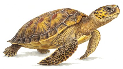 Fototapeta premium Ornate Turtle Side View with Intricate Shell on White Background