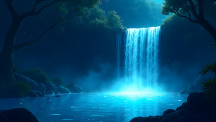 Obraz premium A mystical waterfall in a glowing forest, where fireflies illuminate turquoise waters. Ultra HD, 8K, fantasy dreamscape.