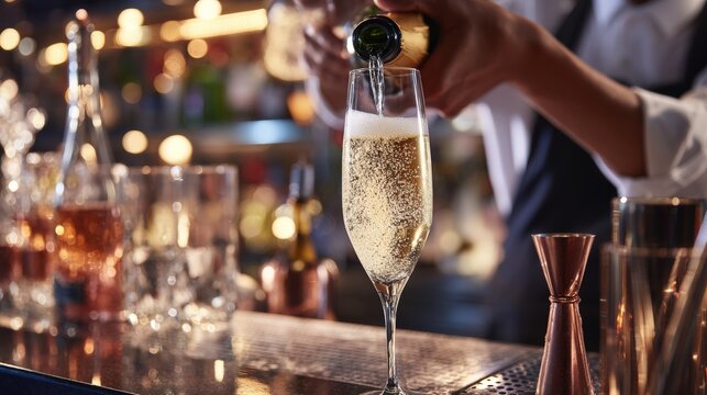 A bartender pouring champagne into a glass