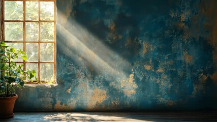 Sunlight streams through window onto plant and textured wall in old room - Powered by Adobe