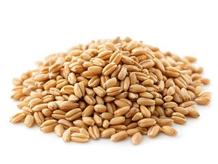 A close-up studio shot shows a large pile of light brown wheat grains isolated on a pure white background.