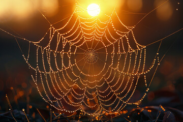 Naklejka premium A delicate spider web adorned with tiny dew droplet