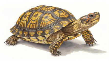 Ornate Turtle Side View with Intricate Shell on White Background