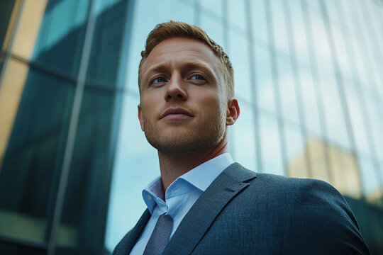 Generative AI portrait of a confident businessman in a stylish suit standing in a modern cityscape with urban skyscrapers