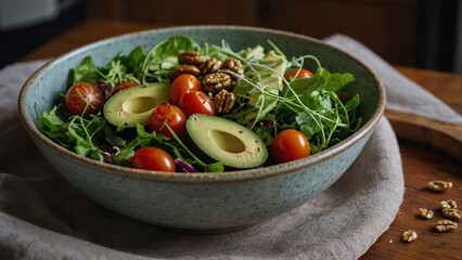 An inviting salad overflows with vibrant greens avocado walnuts  juicy tomatoes
