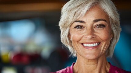 Fototapeta premium Woman with a smile on her face. She is wearing a pink shirt. She is looking at the camera