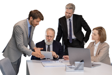 Group of young modern people using modern technologies while working on a transparent background
