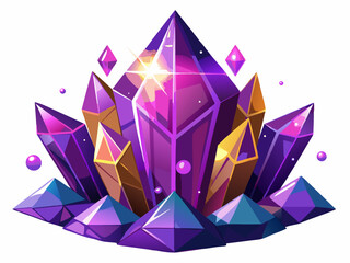 A high-quality vector illustration of a purple amethyst crystal with geometric shapes and glowing edges, isolated on a white background