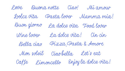 Dolce vita hand drawn lettering set. Vector mediterranean blue lettering set of dolce vita, love, buena notte, ciao. Hand drawn quotes isolated on white background. © spirka.art