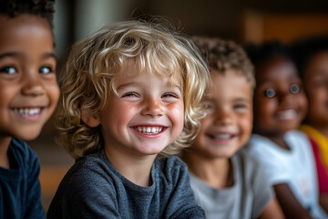 Happy diverse children smiling together friendship unity