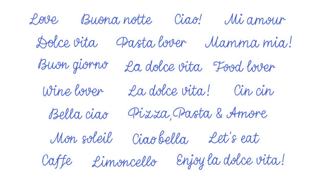 Dolce vita hand drawn lettering set. Vector mediterranean blue lettering set of dolce vita, love, buena notte, ciao. Hand drawn quotes isolated on white background.