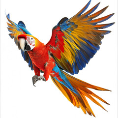 Fototapeta premium Scarlet Macaw spreading its wings, mid-air elegance, isolated on white background