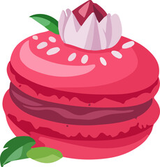 A delightful pink macaron with a creamy filling and a decorative topping, presented in a cute, cartoon style.