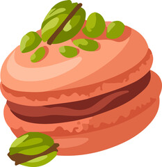 A delicious peach-colored macaron filled with chocolate and topped with vibrant green pistachios in a charming cartoon style.