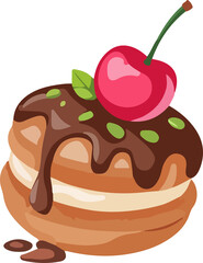 A delightful tan macaron with chocolate drizzle, green sprinkles, and a bright red cherry on top, in a cute cartoon style.