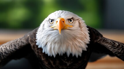 Obraz premium Bald eagle is looking at the camera with its beak open. The eagle is in a natural setting, with trees and grass in the background. Concept of freedom and strength